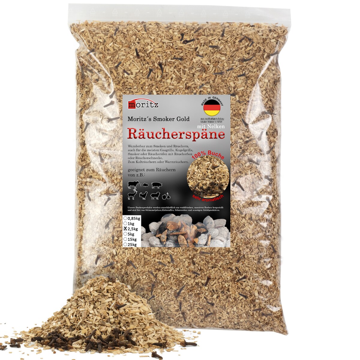 Moritz 2,5kg Räucherspäne Buche mit Nelke fein 0,75 -2 mm Räuchern I Kalträuchern von Fisch Fleisch Wurst Käse auch für BBQ I Grill - Räuchermehl Image