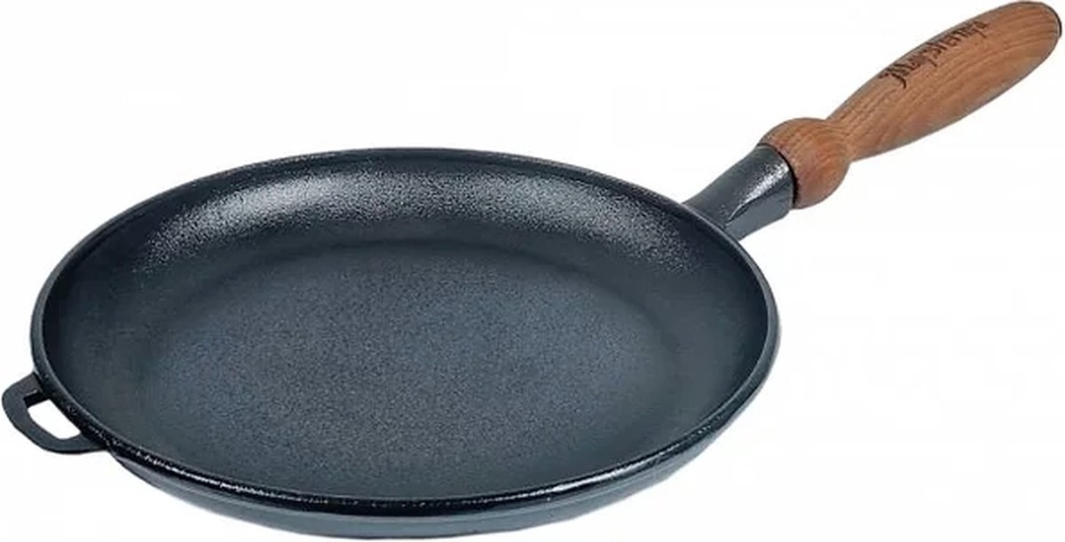 MAYSTERNYA Pfannkuchenpfanne aus Gusseisen – ø 22 x 2,5 cm – Gusseisenpfanne für alle Wärmequellen – Holzgriff – PFAS-frei – Schwarz Image