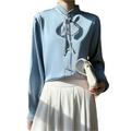 ZORMAN women's blouses Cardigan Stand-Up Collar Satin Shirt Women'S Spring Style Blouse Long Sleeve Top-Bean Blue-M