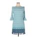 Cabana Life Casual Dress - Mini Open Neckline 3/4 sleeves: Blue Dresses - Women's Size Large