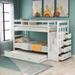 White Solid Wood Bunk Bed w/Storage Drawers, Twin Over Twin with Trundle Bed