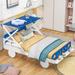 Twin Size White and Blue Playful Car Platform Bed with Ceiling Cloth, Storage Shelf, Wheel Legs, Sturdy Frame, Easy Assembly