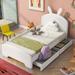 Cartoon Ears Chenille Upholstered Twin Platform Bed, White, with Guardrail