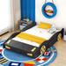 Full Size Race Car-Shaped Platform Bed with Wheels and Storage, Support with Wooden Boards, Equipped with Safety Guardrails