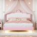 Full Size PU Upholstered Princess Bed with Crown Headboard, with Headboard and Footboard with Light Strips, Golden Metal Legs
