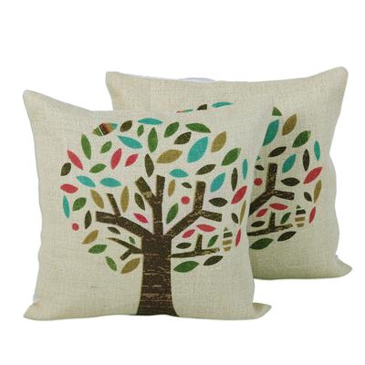 Diverse Tree,'Pair of Tree Motif Printed Jute Cushion Covers from India'