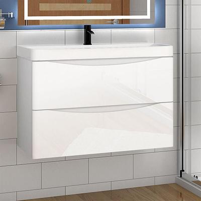 Waschtisch mit Unterschrank Waschbeckenunterschrank Badmöbel 80cm Hochglanz Weiß mit Waschbecken Image