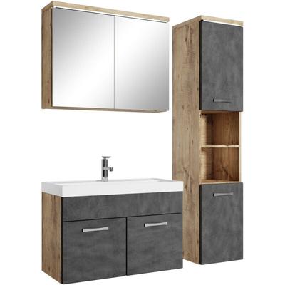Badezimmer Badmöbel-Set Paso led 80cm Waschbecken Kastanien Eich Image