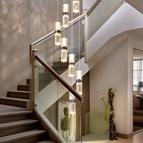 LED Kronleuchter, Metall Kristall Treppe Drehbarer Langer Kronleuchter, Modern, Einfach und Luxuriös, Geeignet für Villen, Doppelhäuser, Lofts, Apartments und Terrassen, Dimmbar 110-240V Image