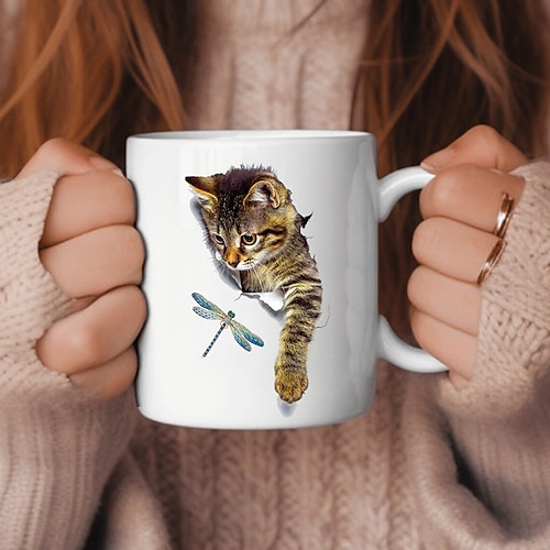 Tasse mit 3D-Druck, Kätzchen, Loch in einer Wand, Keramik-Kaffeetasse mit Katzenmotiv, 3D-Neuheits-Katzenbecher, Katzenliebhaber-Kaffeetasse, Katzenclub-Tasse, weiße Keramiktasse, Geschenke für Männer und Frauen Image
