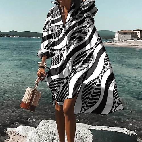 Damen-Hemdkleid, Freizeitkleid, Swing-Kleid, Midikleid, Outdoor-Winterkleid, Alltagsmode, stylisches Hemdkragen, gerollte Manschetten, High-Low-Kleid, langärmlig, Sommer, Frühling, Herbst 2023, Image