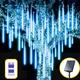 Solar Meteor Shower Rain Lights 30cm/50cm/80cm 8 Tubes Falling Raindrop Fairy String Light Waterproof Plug in Icicle Lights Outdoor for Halloween Christmas Party Patio Decor