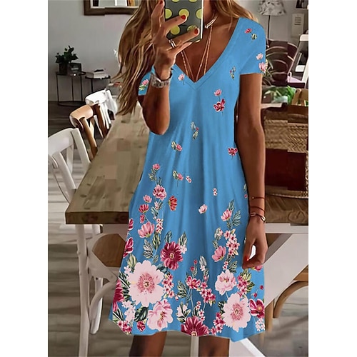 Damen Mini-Kleid Petite Kleid Petite Kleid T-Shirt Kleid Tee-Kleid Sommerkleid Aktive Mode Streetwear Outdoor Urlaub Geburtstag Reguläre Passform Floral Kurzarm V-Ausschnitt Schwarz Image