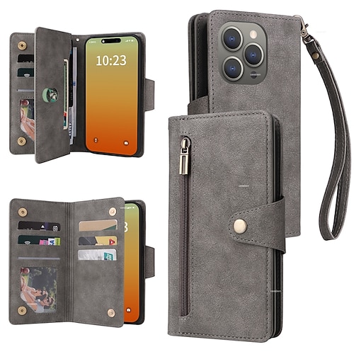 Handy Hülle Handyhüllen Für iPhone 17 Pro Max 17 Air 16 15 14 Pro Max Plus 13 12 11 Pro Max Mini Brieftaschenhülle Reisverschluss Mit Handgelenkschlaufe Ständer Retro TPU PU-Leder Image