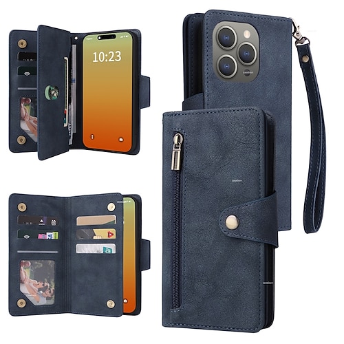 Handy Hülle Handyhüllen Für iPhone 17 Pro Max 17 Air 16 15 14 Pro Max Plus 13 12 11 Pro Max Mini Brieftaschenhülle Reisverschluss Mit Handgelenkschlaufe Ständer Retro TPU PU-Leder Image