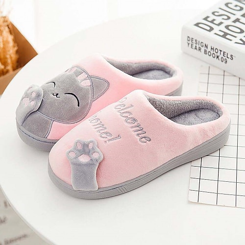 Per donna Pantofole Pantofole fuzzy Pantofole da interno Ciabatte calde Interni Cartoni animati Gatto Piatto Punta tonda Di tendenza stile sveglio Felpato Raso Rosa e grigio Nero Grigio