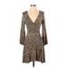 Pull&Bear Casual Dress - A-Line V Neck 3/4 sleeves: Brown Leopard Print Dresses - Women's Size Small