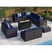 Simplicity 6 Pieces Outdoor Patio Furniture Set with 45 Plate Embossing Propane Fire Pit Table Outdoor Wicker Sectional Sofa Conversation Set with Blue Cushions & Coffee Table