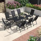 Perfect LEAF 9 Pieces Outdoor Patio Dining Set with 8 Folding Portable Chairs and 1 Rectangle Aluminum Table Foldable Adjustable High Back Reclining Chairs with Soft Cotton-Padded Seat