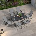 Perfect LEAF 9 Pieces Outdoor Patio Dining Set with 8 Folding Portable Chairs and 1 Rectangle Aluminum Table Foldable Adjustable High Back Reclining Chairs with Soft Cotton-Padded Seat
