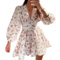 Robe de cocktail vintage à manches longues pour femmes imprimé floral volants col en V taille