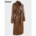 Nerazzurri-Manteau long imperméable en cuir PU pour femme marron noir ceintures à double