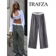 TRAFZA-Pantalon droit en lin uni pour femme taille haute fermeture éclair pantalon de rue