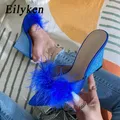Eilyken-Sandales à l'offre elles compensées en fourrure et plumes pour femme mules pointues