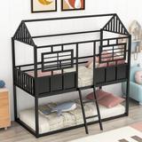 Twin Size Bunk Bed Metal House Bedframe with Roof and Guardrail, Twin Over Twin Bedframe, Metal Bunkbed for Kids, Girls, Boys