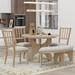 5-Pc Round 44" Wood Dining Table Set w/ 3 Fabric Chair and Curved Bench