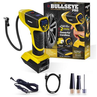 BULLSEYE Pro 150 PSI Cordless Handheld Rechargeable Tire Inflator with Digital Pressure Gauge and Battery Indicator