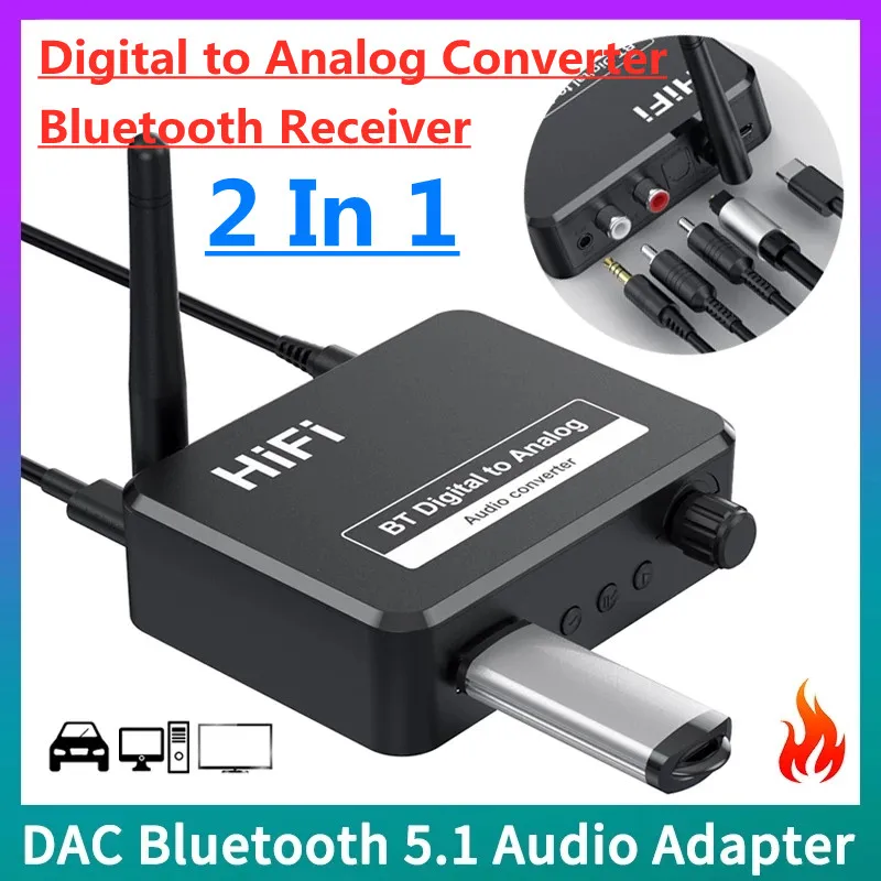 Ricevitore audio DAC Bluetooth 5.1 Convertitore digitale-analogico 3,5 mm AUX RCA L/R U-Disk Stereo ottico Hifi 2 in1 Adadper wireless