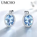 UMCHO Classic Oval Created Sky Blue Topaz Clip Earrings Solid 925 Sterling Silver Earrings For Women