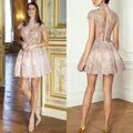 LSYX Luxury High Neck Homecoming Dresses 2023 a-line Cap Sleeve Lace Vintage Zipper Back Mini Party
