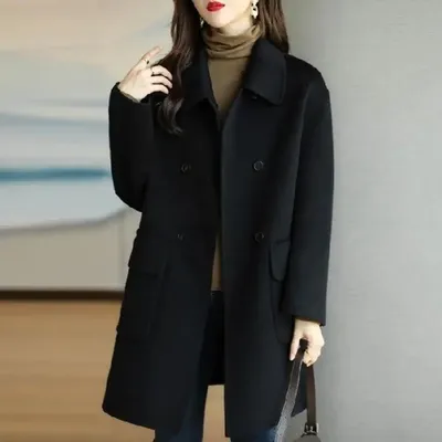 Women Coat Lapel Double Breasted Trench Coat Flap Pockets Women Thermal Jacket Mid-length Thickened Overcoat Warm Winter Jacket
