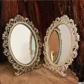 retro desktop makeup cosmetic mirror floral embossed jewelry pearl-inlayed metal frame table