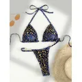 Sexy Leopard Print Glossy Bikini 2024 Women's 2-piece Thong Swimwear Suspender Lace-up Low Waist