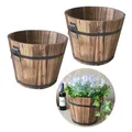 Set Of 2 Rustic Wood Bucket Barrel Whiskey Flower Garden Decoration Planters Pot with Handle for