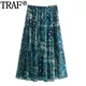 TRAF Print Long Skirts For Women Boho Metallic Thread Midi Skirt Woman Tied Elastic Waist Chiffon