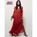 Jastie abiti da donna eleganti da donna Vintage manica lunga ricamato arancione rosso Maxi vestito