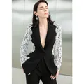 Black Blazers with Lace Sleeve for Women Weddings 2023 New Fashion Slim Fit One Button Lace Panel