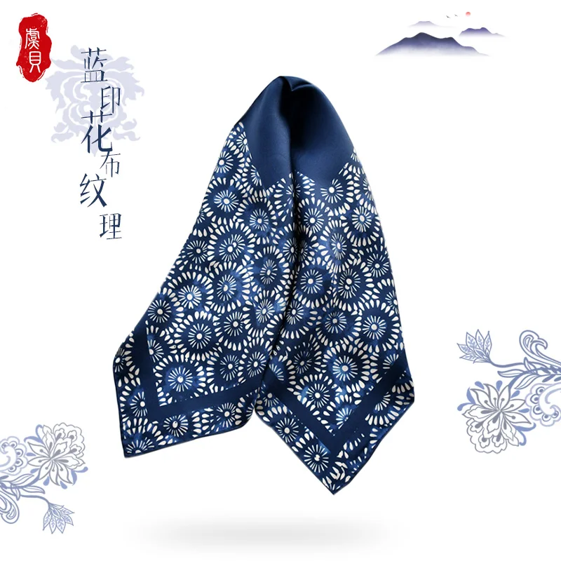 Sciarpa di seta naturale blu navy in stile cinese fiore stampato da donna 100% twill di seta reale 50cm regalo quadrato di lusso per donna
