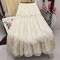 Temperament Hollowed-out Embroidered Lace A-line Long Cotton Skirt Beige White