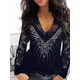 Sexy Black Lace Tops Women See Through Deep V Printing Long Sleeve Lady Oversize 5Xl Large Blouse