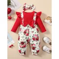 0-2 Year Old Newborn Baby Girl Spring and Autumn Round Neck Wooden Ear Edge Long sleeved Flower