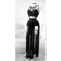 2024 Gothic Club Corsetti Set gonna sexy Vedere attraverso la rete Backless Donna senza maniche Top corto scuro Fasciatura Mutande Gonna 3 pezzi