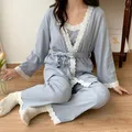 Lace Patchwork Cotton Maternity Nursing Sleepwear Elegant Loose Pajamas Suit for Pregnancy Women