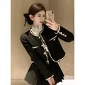 Zoki Japan Sweet Women Tweed Jacket Elegant Buttons Cropped Coat Casual O Neck All Match Female Long