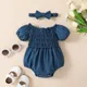 0-18M Infant Baby Girls Denim Romper Summer Short Sleeve Off Shoulder Pleated Bodysuits with