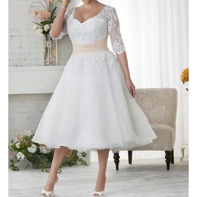 Reception Wedding Dresses A-Line Illusion Neck V Neck Half Sleeve Tea Length Lace Bridal Gowns With Lace Appliques 2025
